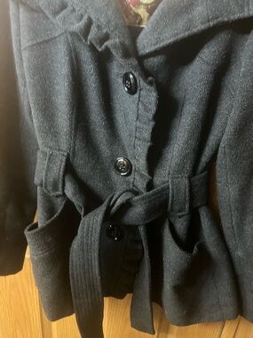 Steve Madden Black Wool-Blend Belted Peacoat with Ruffle Trim